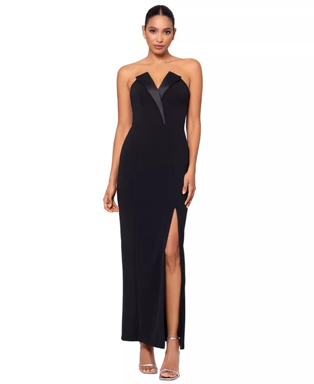 Betsy & Adam Strapless Tuxedo Gown Black 12